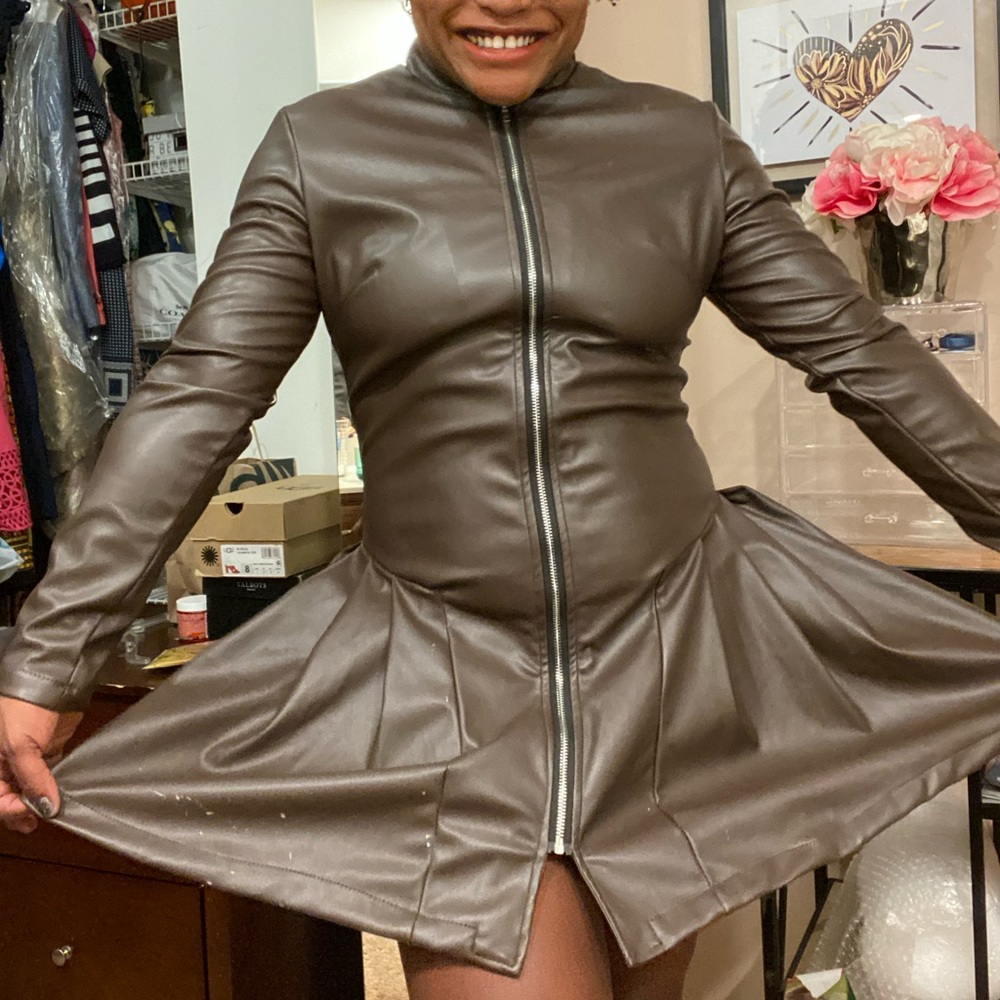 Faux Leather Mini Brown Dress.